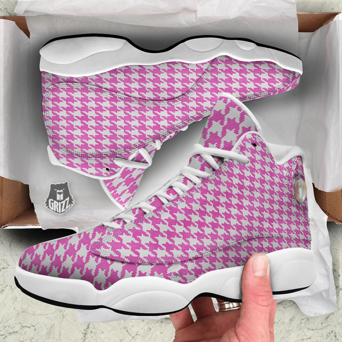 White Houndstooth And Pink Print White Basketball Shoes-grizzshop