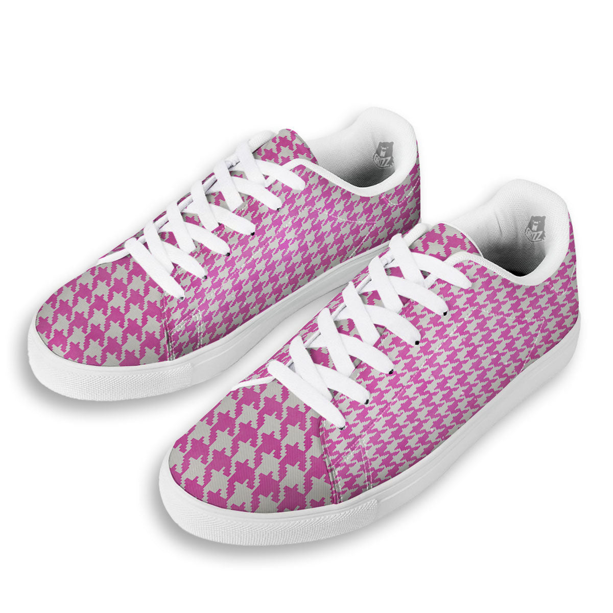 White Houndstooth And Pink Print White Low Top Sneakers-grizzshop