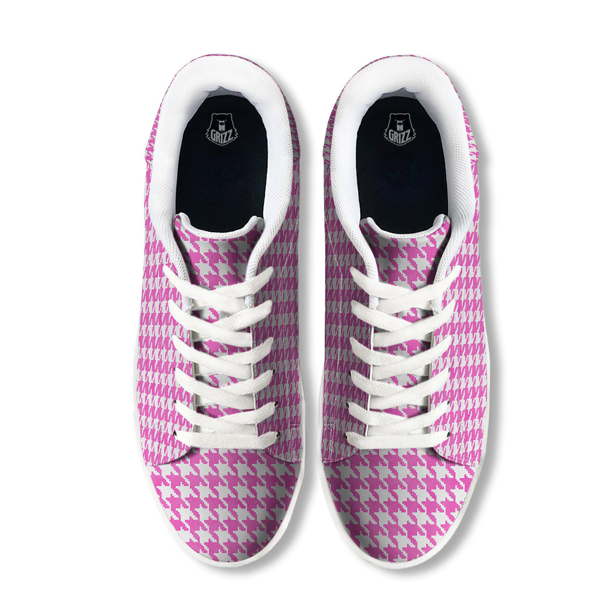 White Houndstooth And Pink Print White Low Top Sneakers-grizzshop