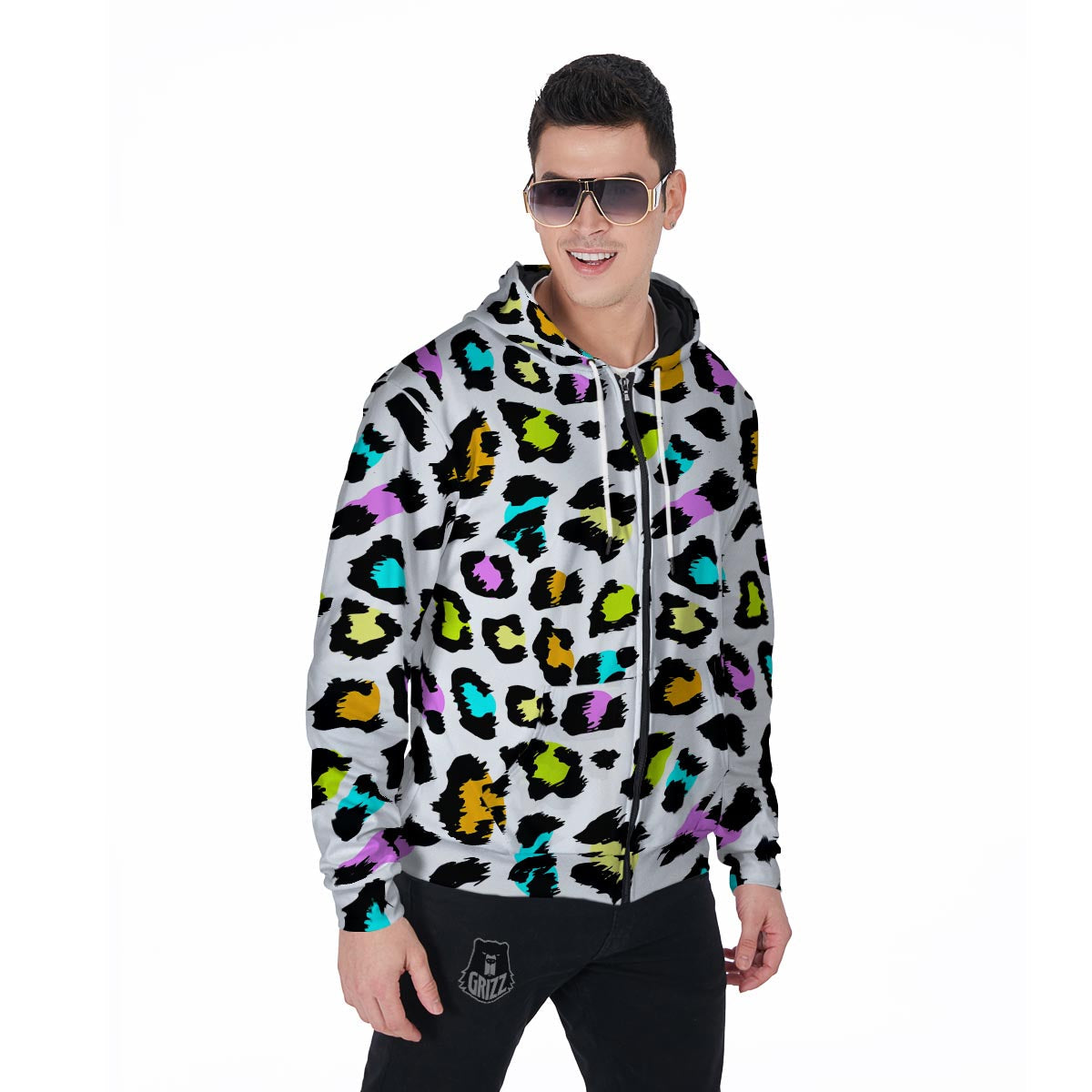 White Leopard Men's Zip Up Hoodie-grizzshop
