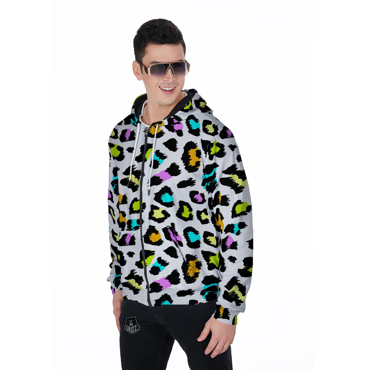 White Leopard Men's Zip Up Hoodie-grizzshop