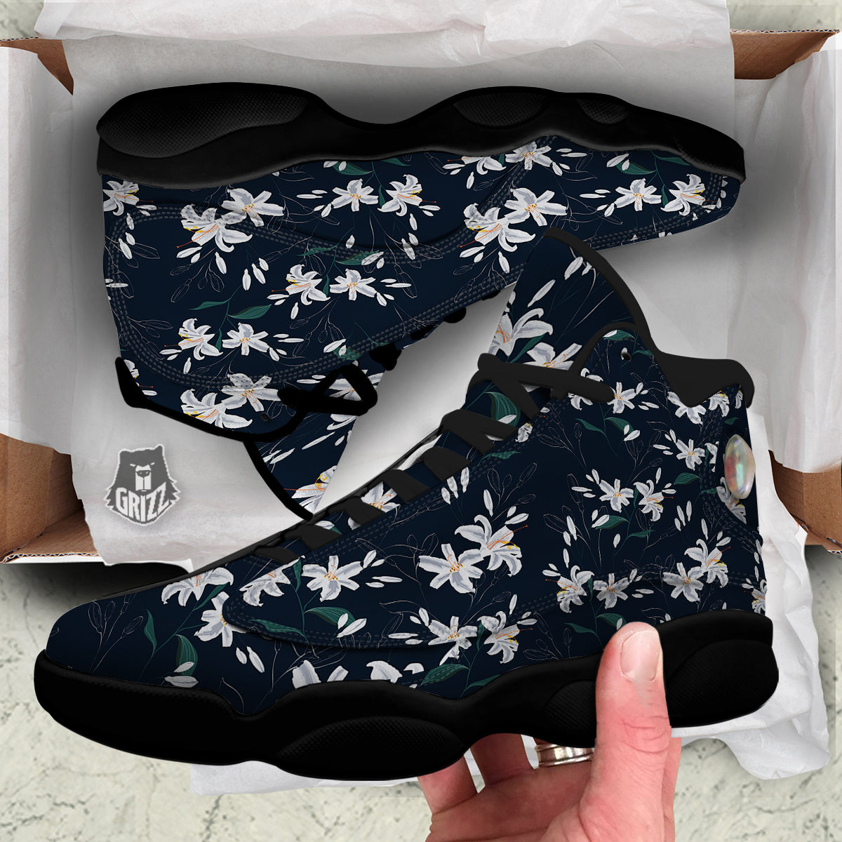 White Lily Black Print Pattern Black Basketball Shoes-grizzshop