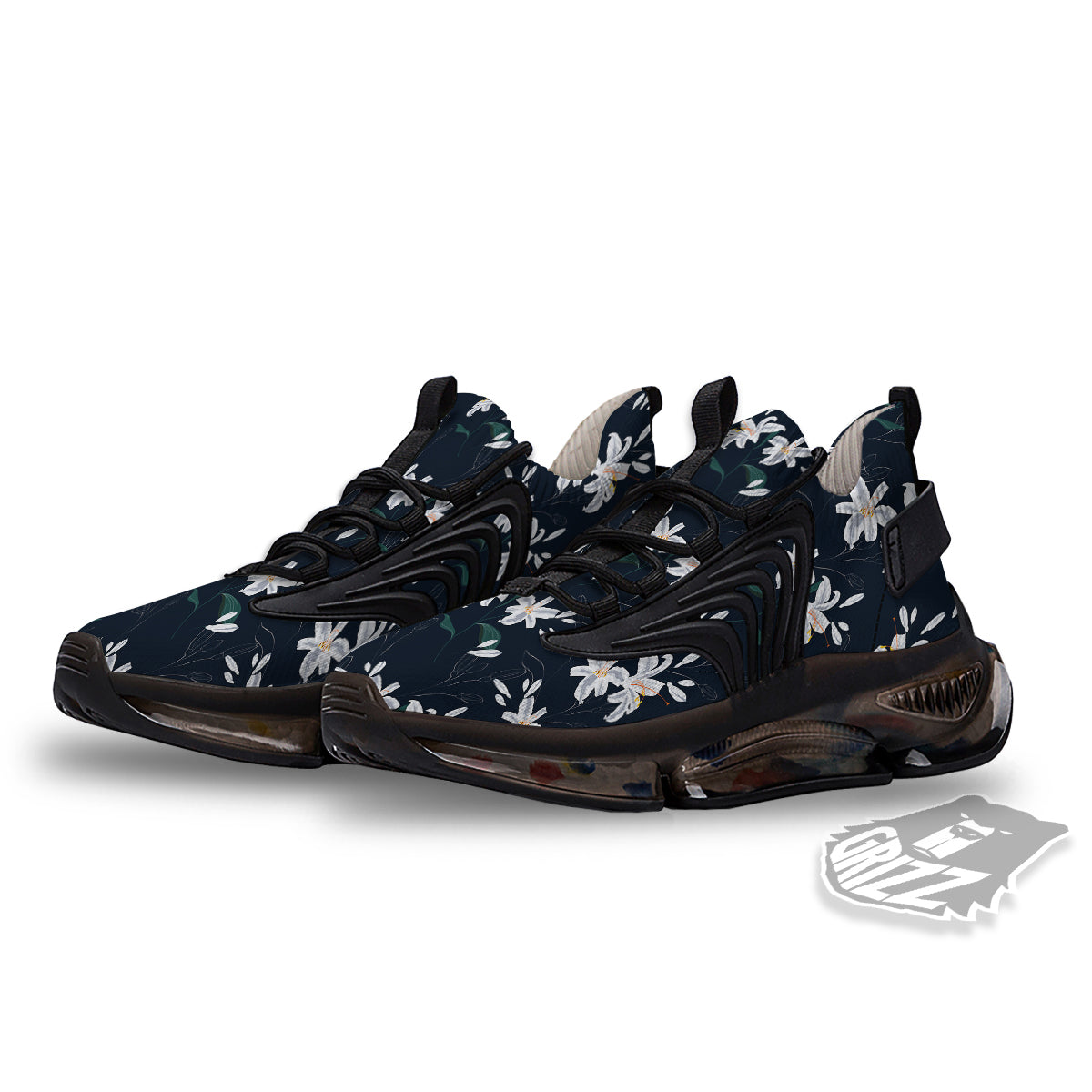 White Lily Black Print Pattern Black Gym Shoes-grizzshop
