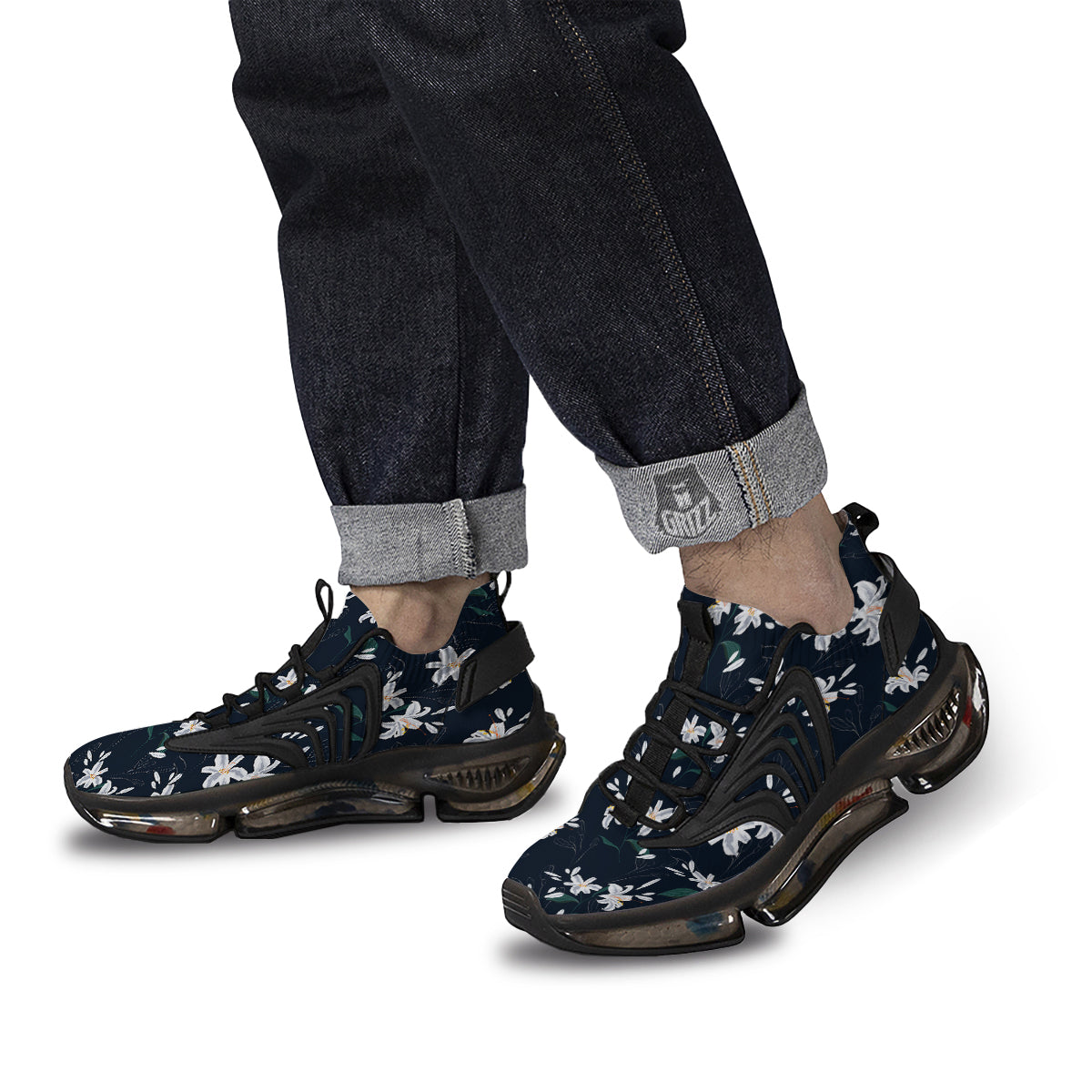 White Lily Black Print Pattern Black Gym Shoes-grizzshop