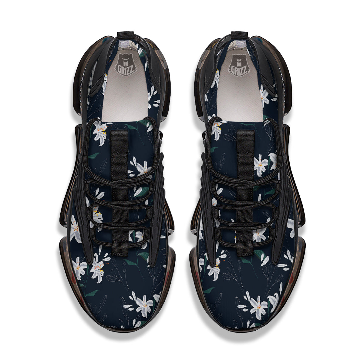 White Lily Black Print Pattern Black Gym Shoes-grizzshop