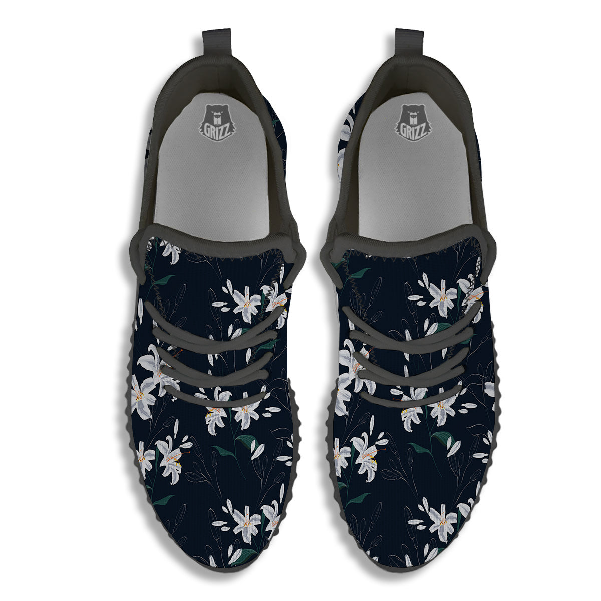 White Lily Black Print Pattern Black Walking Shoes-grizzshop