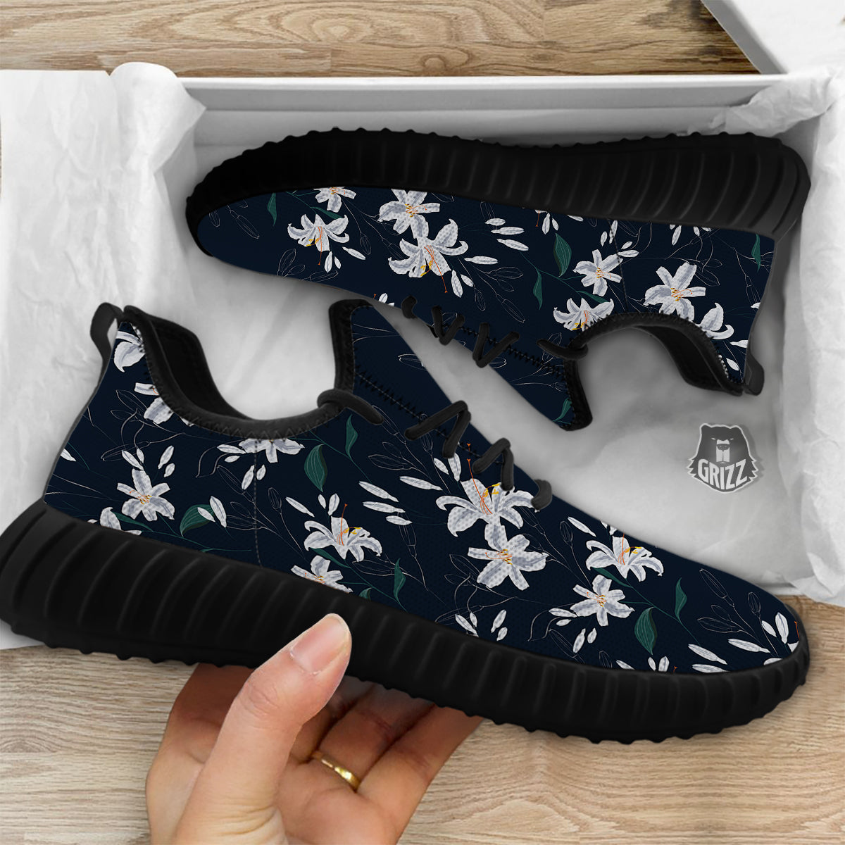 White Lily Black Print Pattern Black Walking Shoes-grizzshop