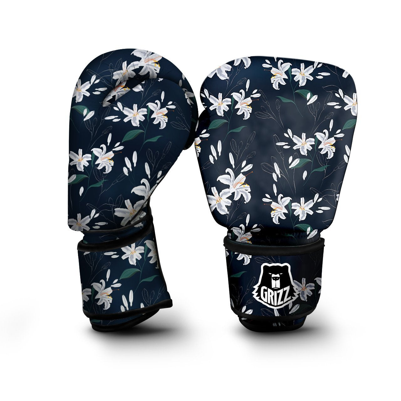 White Lily Black Print Pattern Boxing Gloves-grizzshop