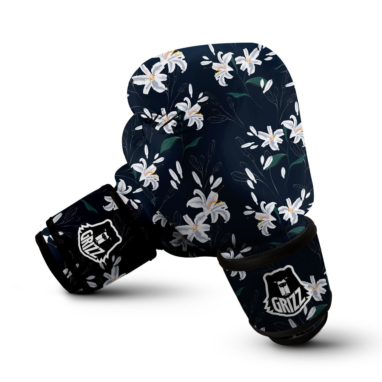 White Lily Black Print Pattern Boxing Gloves-grizzshop