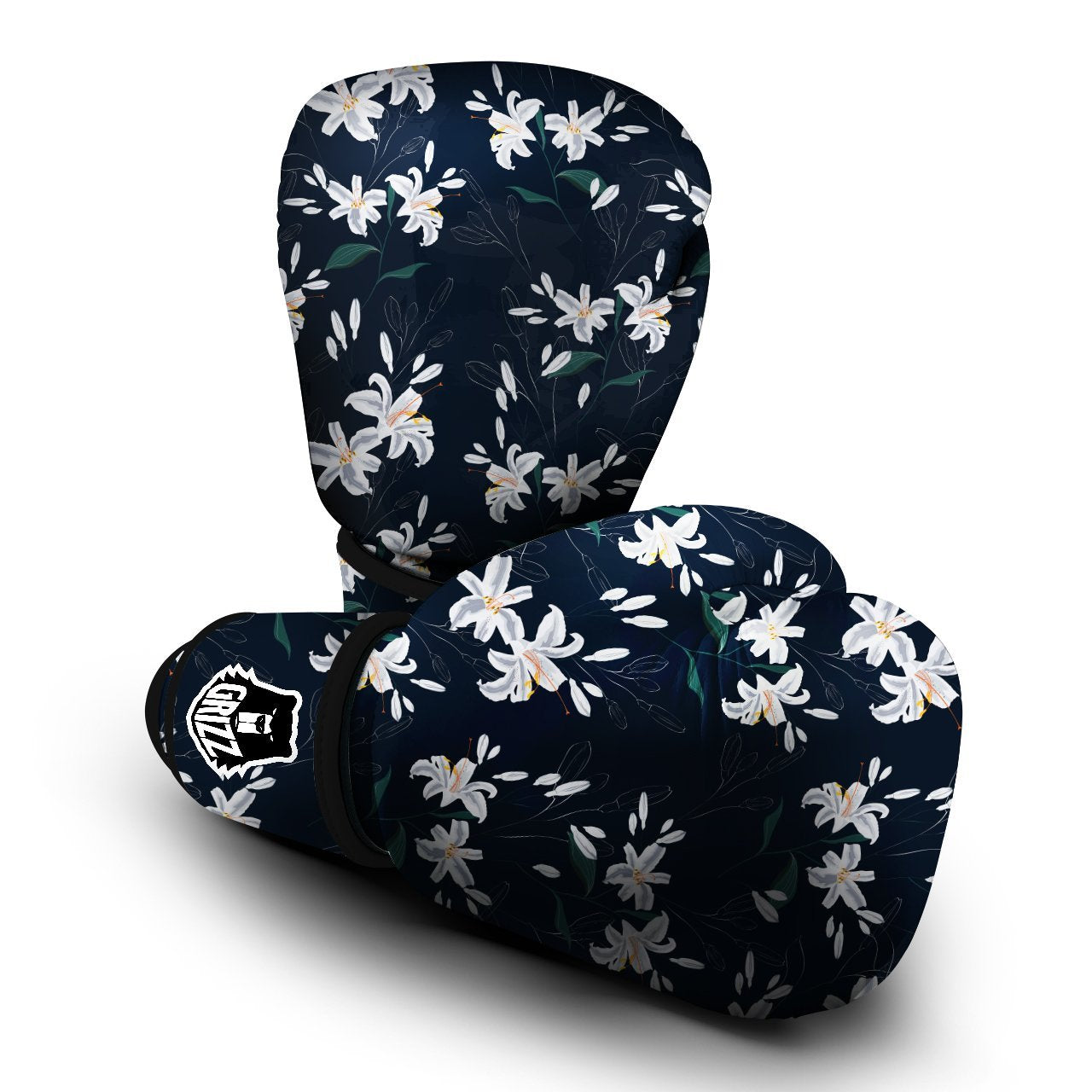 White Lily Black Print Pattern Boxing Gloves-grizzshop
