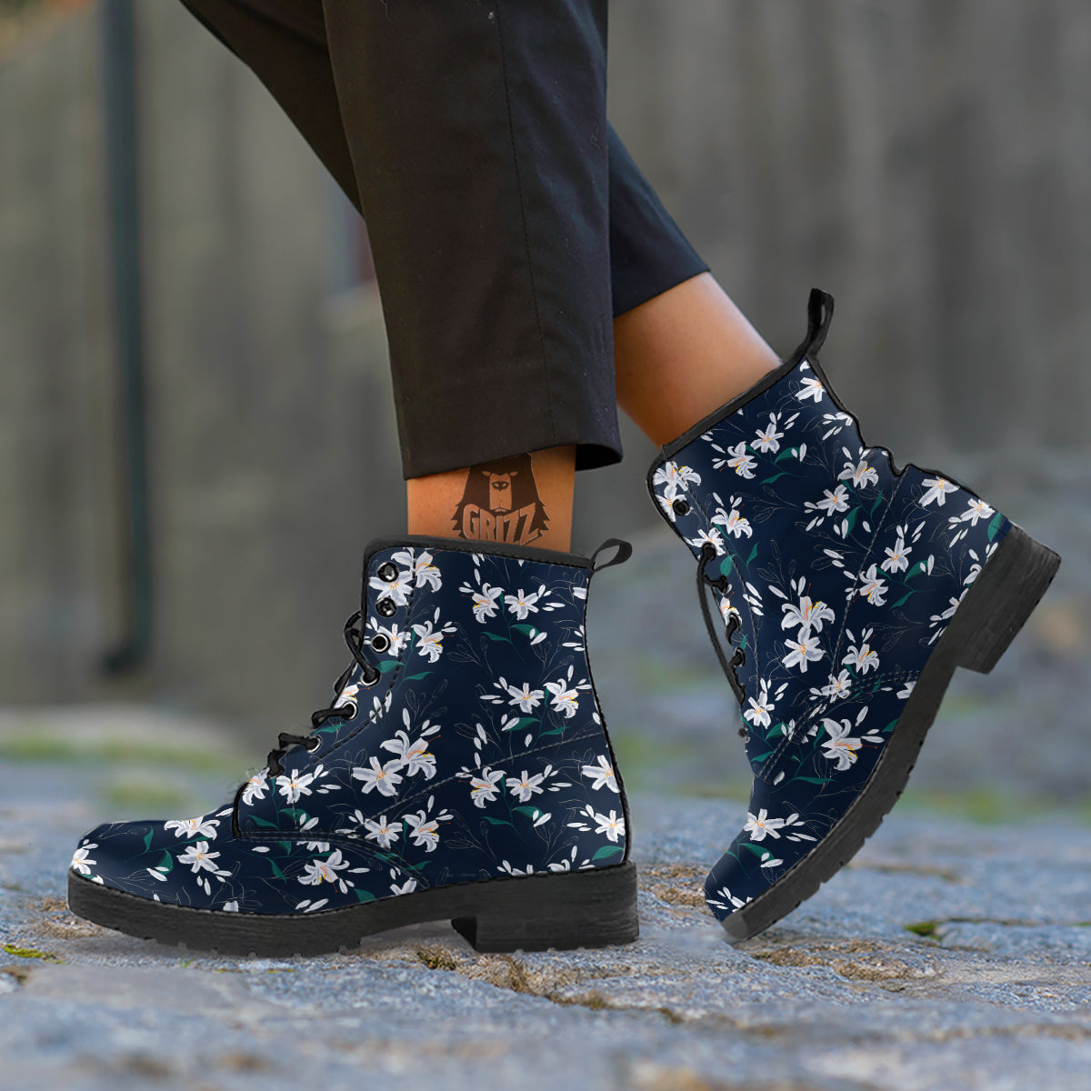 White Lily Black Print Pattern Leather Boots-grizzshop