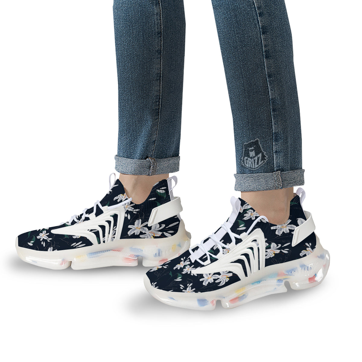 White Lily Black Print Pattern White Gym Shoes-grizzshop