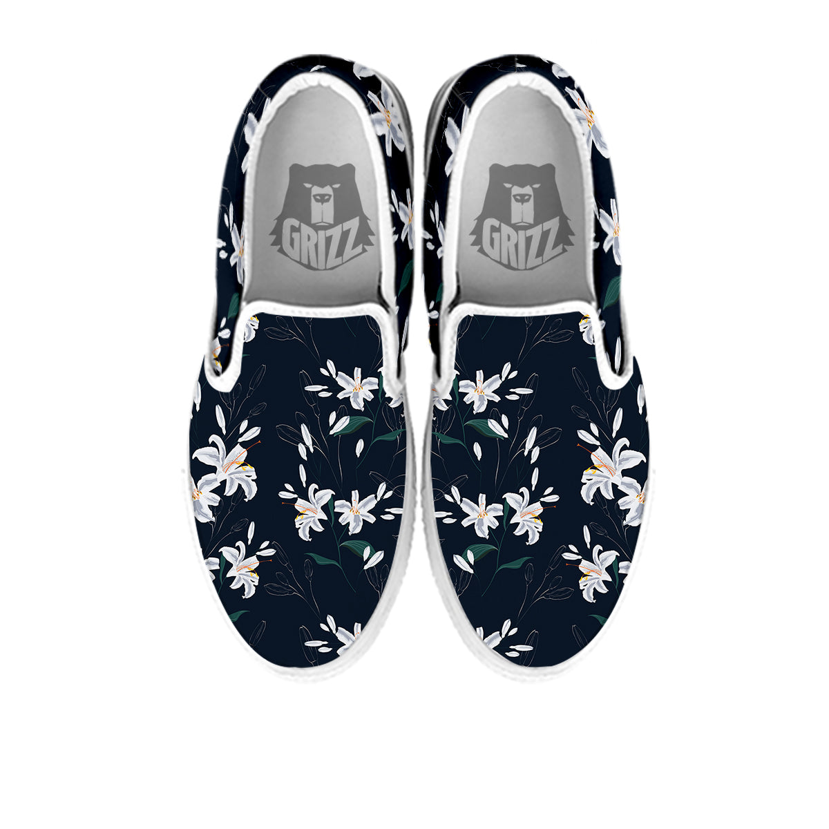 White Lily Black Print Pattern White Slip On Shoes-grizzshop