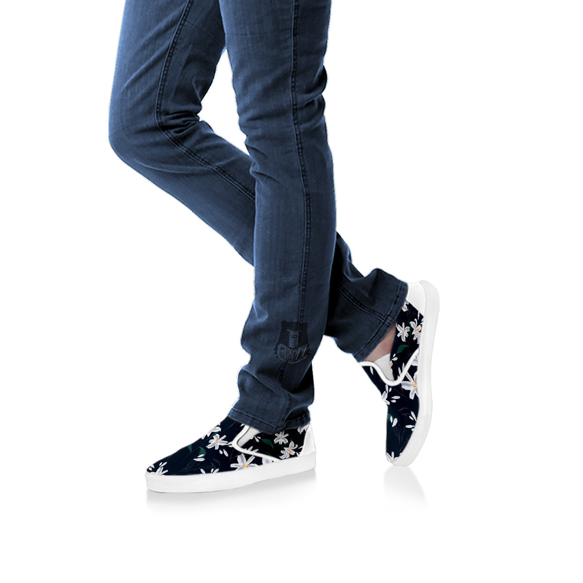 White Lily Black Print Pattern White Slip On Shoes-grizzshop