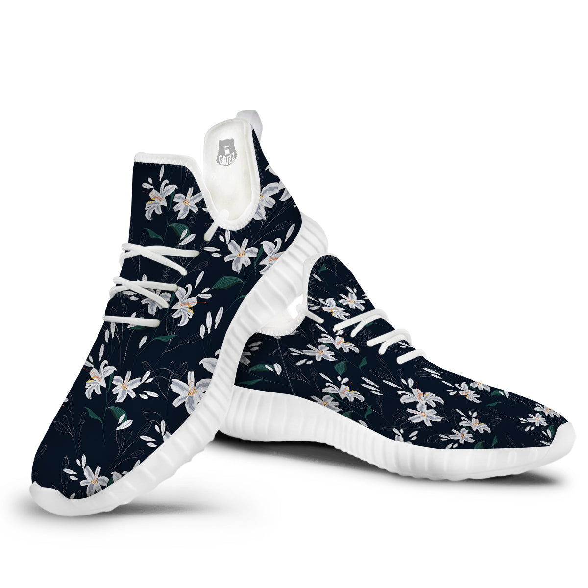 White Lily Black Print Pattern White Walking Shoes-grizzshop