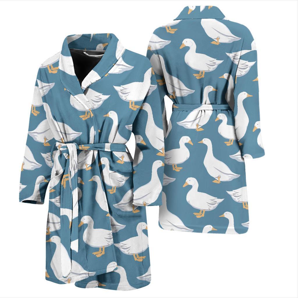 White Mallard Duck Pattern Print Men Long Robe-grizzshop