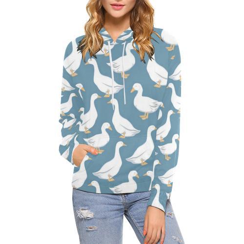 White Mallard Duck Pattern Print Women Pullover Hoodie-grizzshop