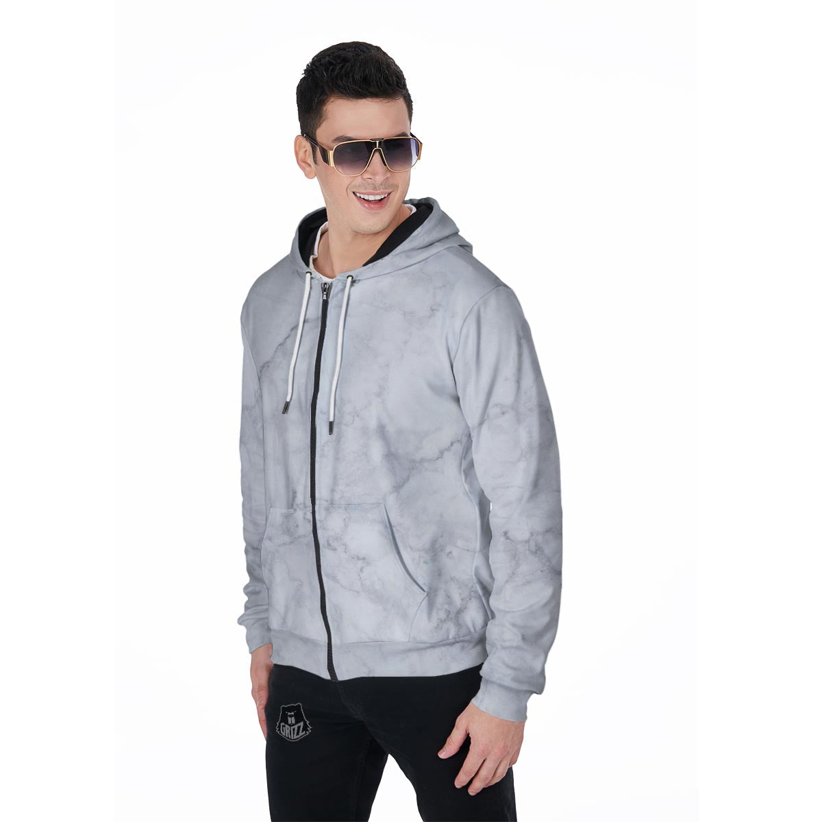 White Marble Men's Zip Up Hoodie-grizzshop