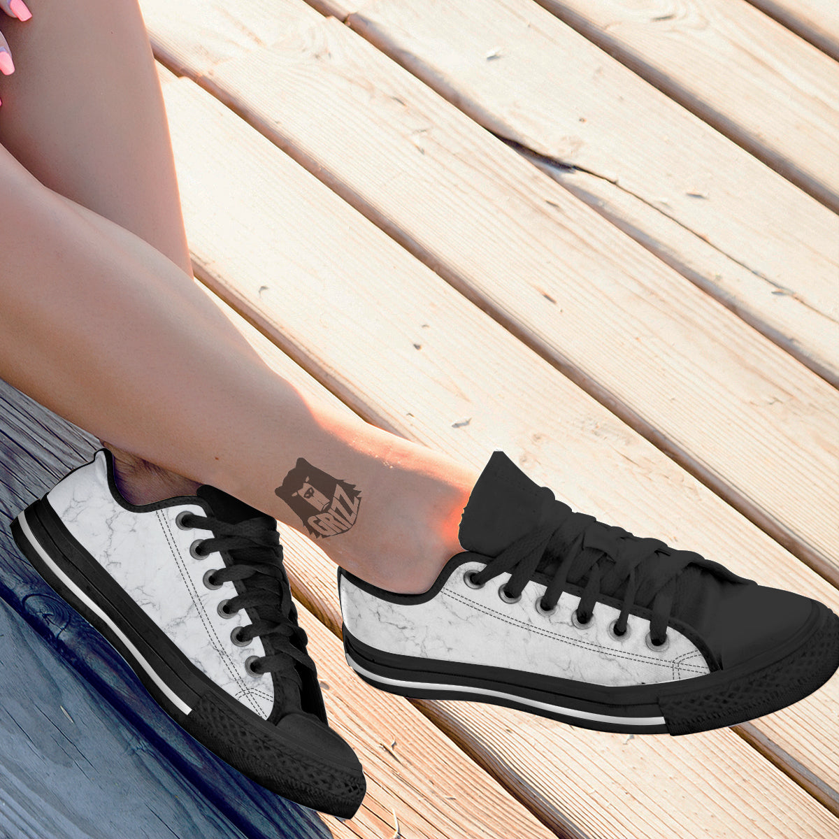 White Marble Pattern Black Low Top Shoes-grizzshop