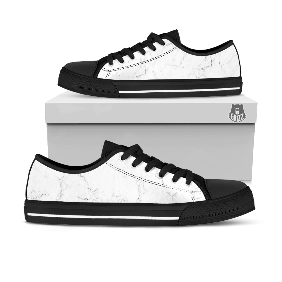 White Marble Pattern Black Low Top Shoes-grizzshop