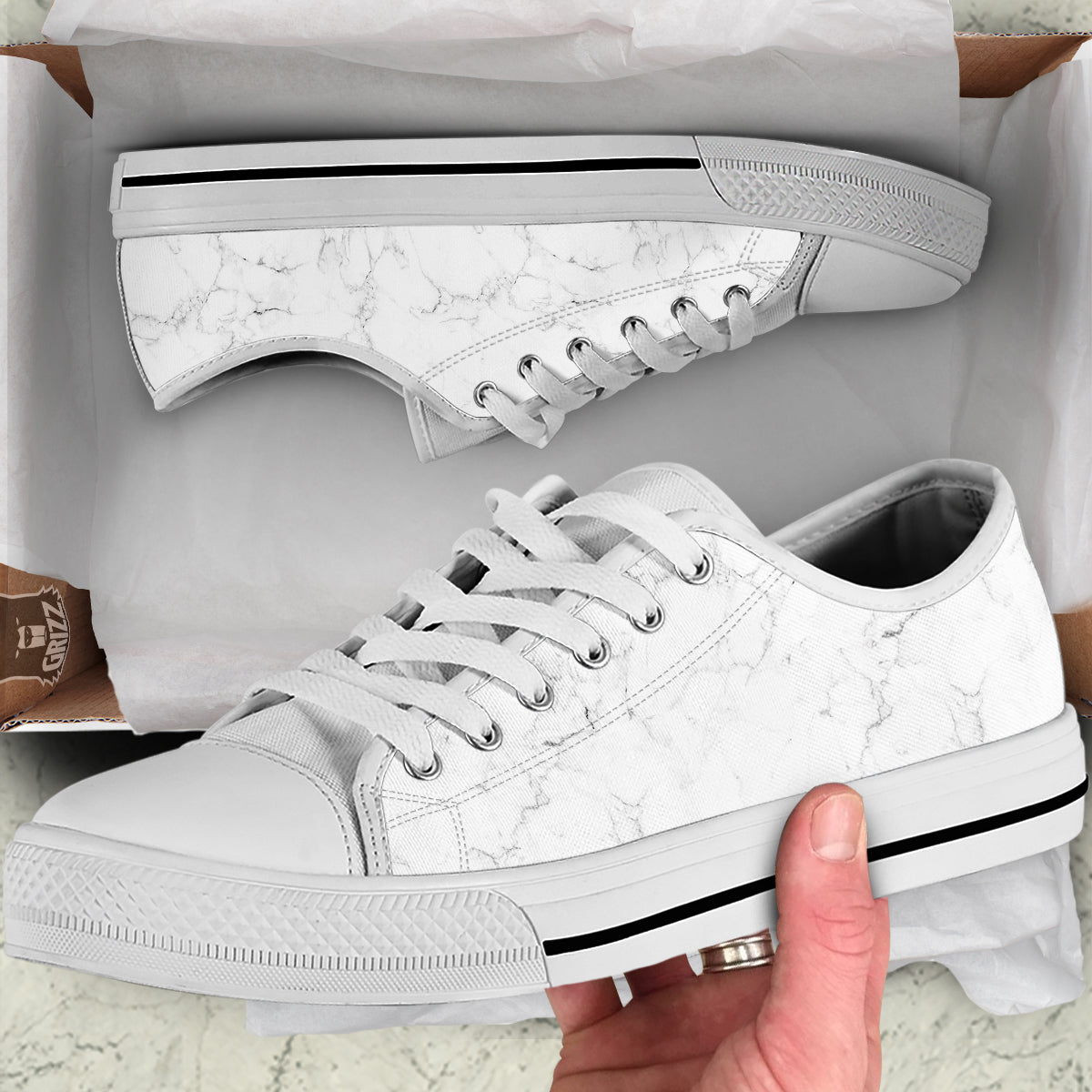 White Marble Pattern White Low Top Shoes-grizzshop