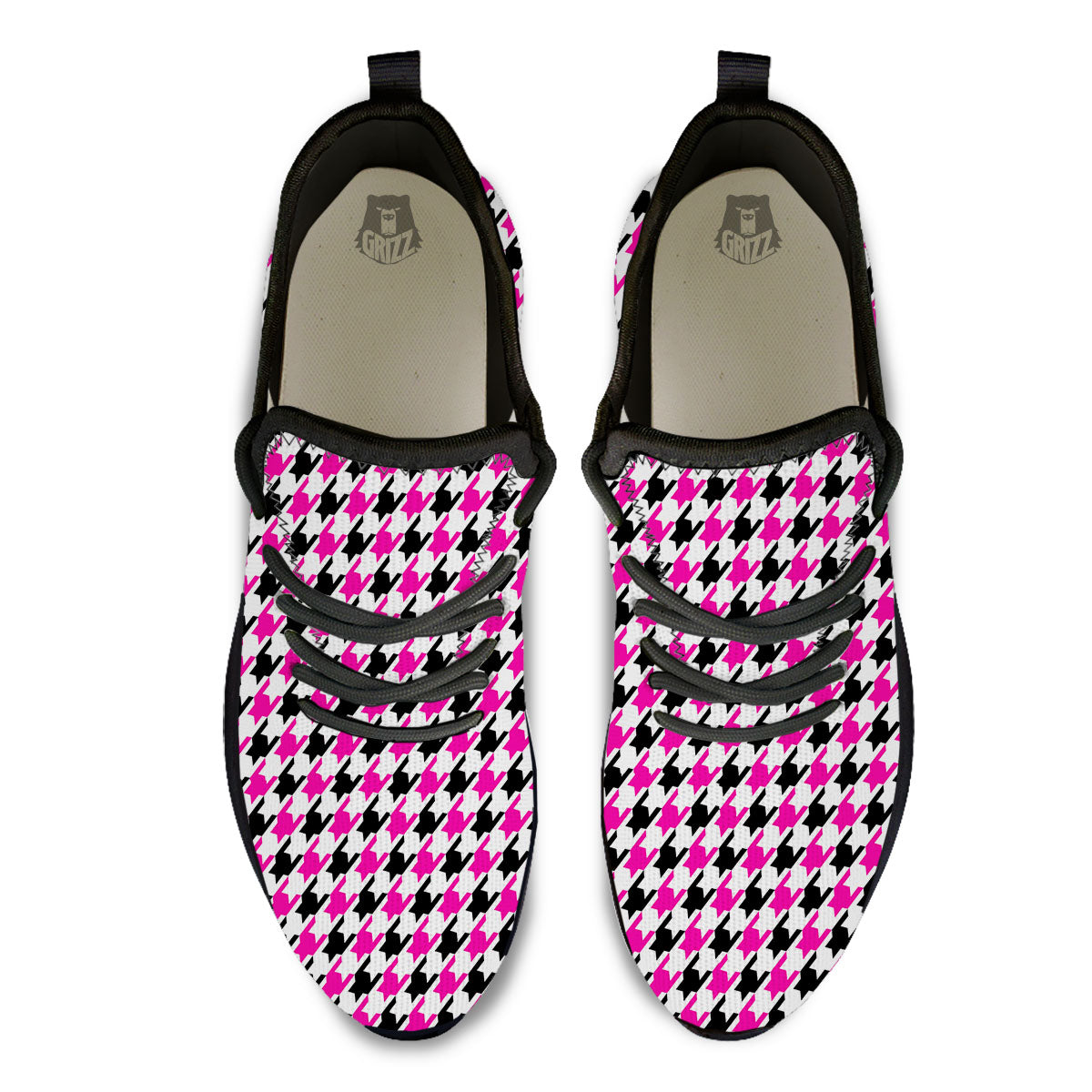 White Pink And Black Houndstooth Print Black Athletic Shoes-grizzshop