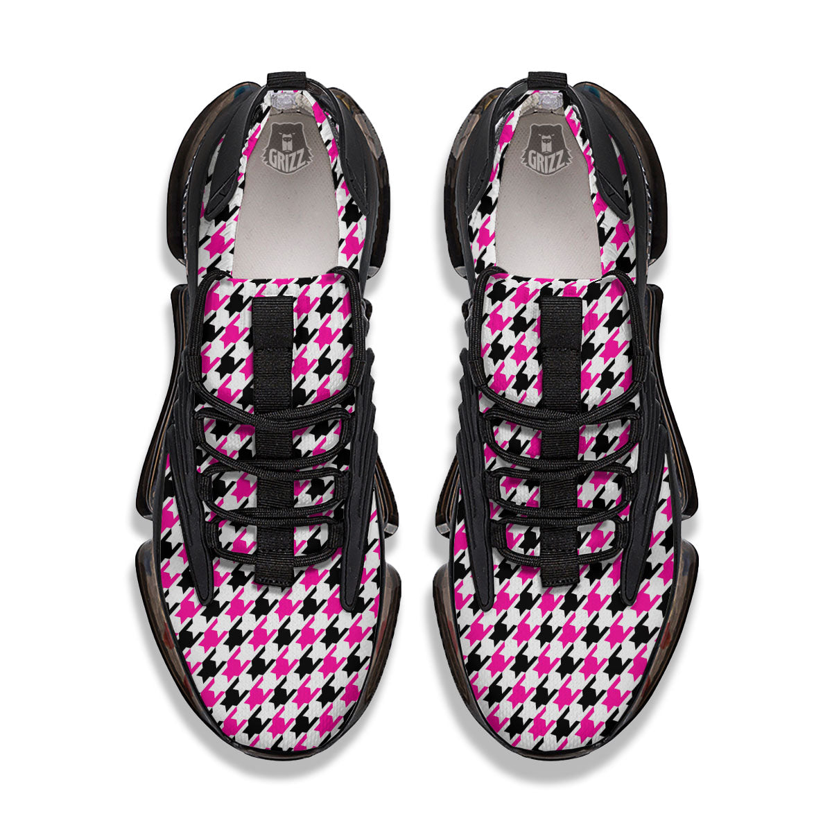 White Pink And Black Houndstooth Print Black Gym Shoes-grizzshop