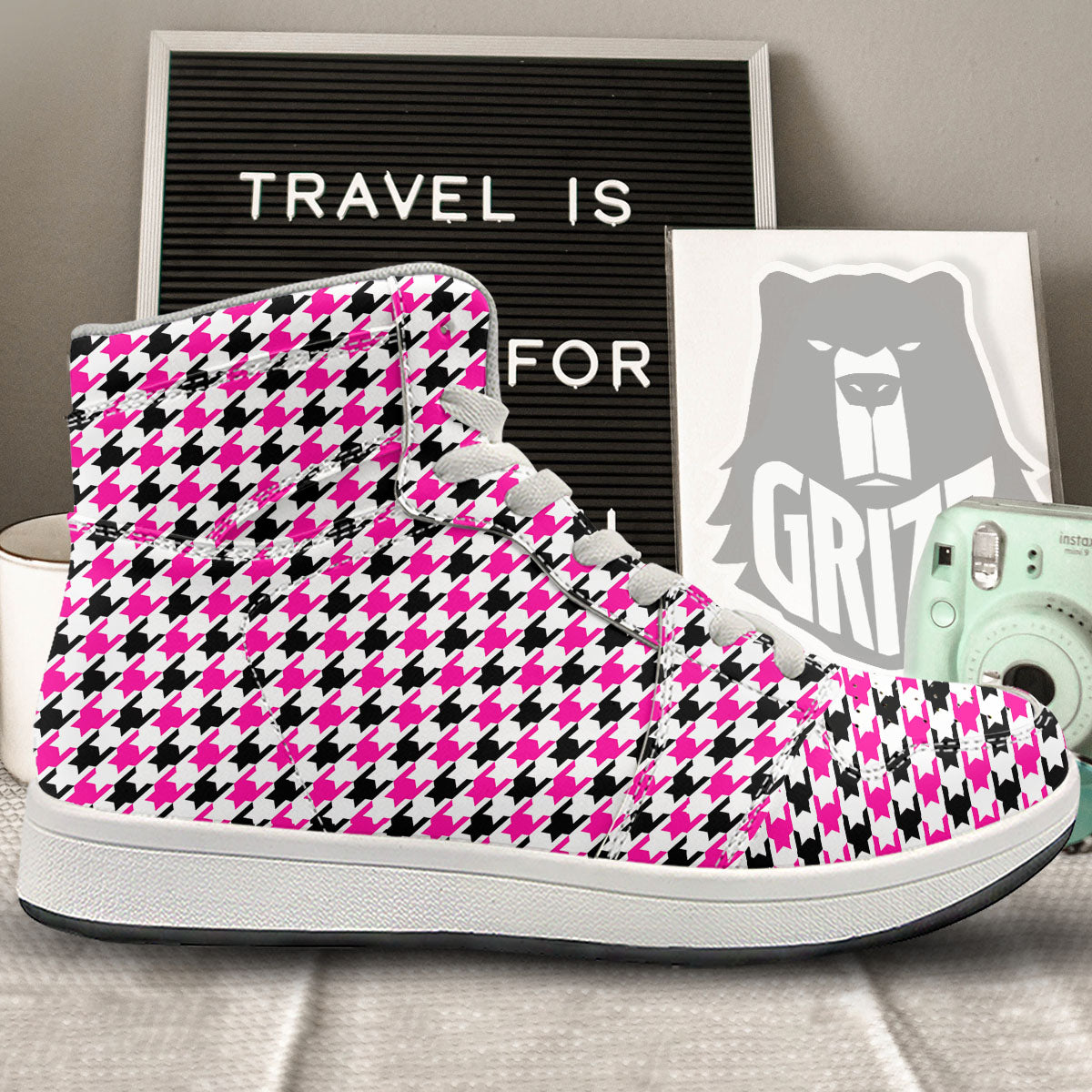 White Pink And Black Houndstooth Print High Top Sneakers-grizzshop