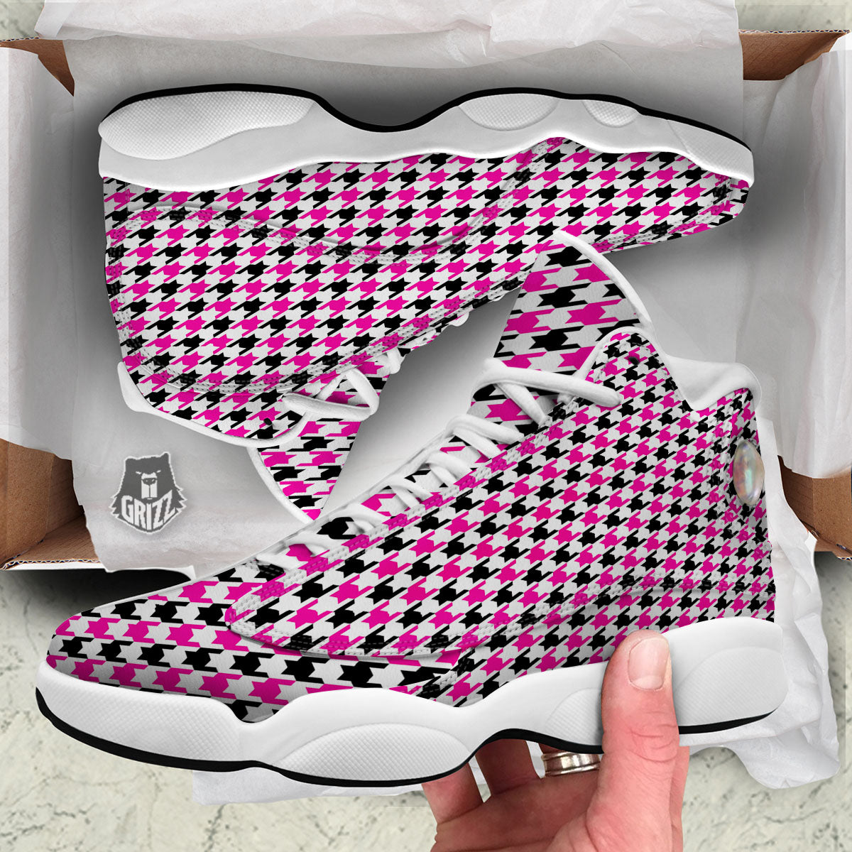 White Pink And Black Houndstooth Print White Basketball Shoes-grizzshop