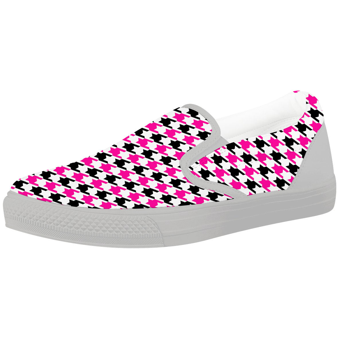 White Pink And Black Houndstooth Print White Slip On Shoes-grizzshop