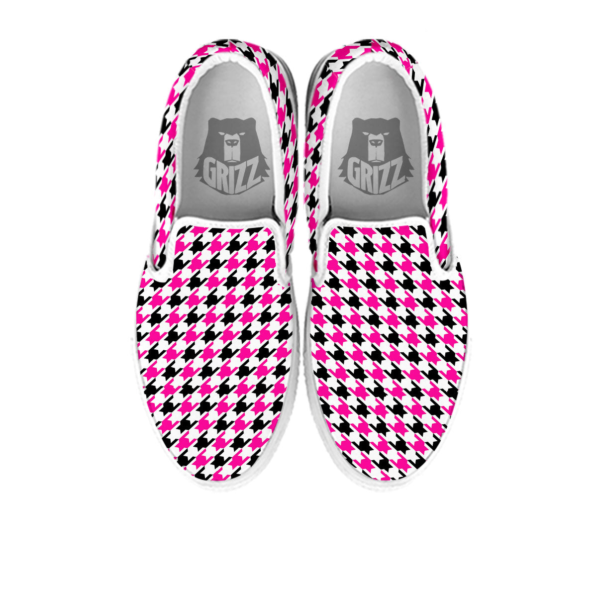 White Pink And Black Houndstooth Print White Slip On Shoes-grizzshop