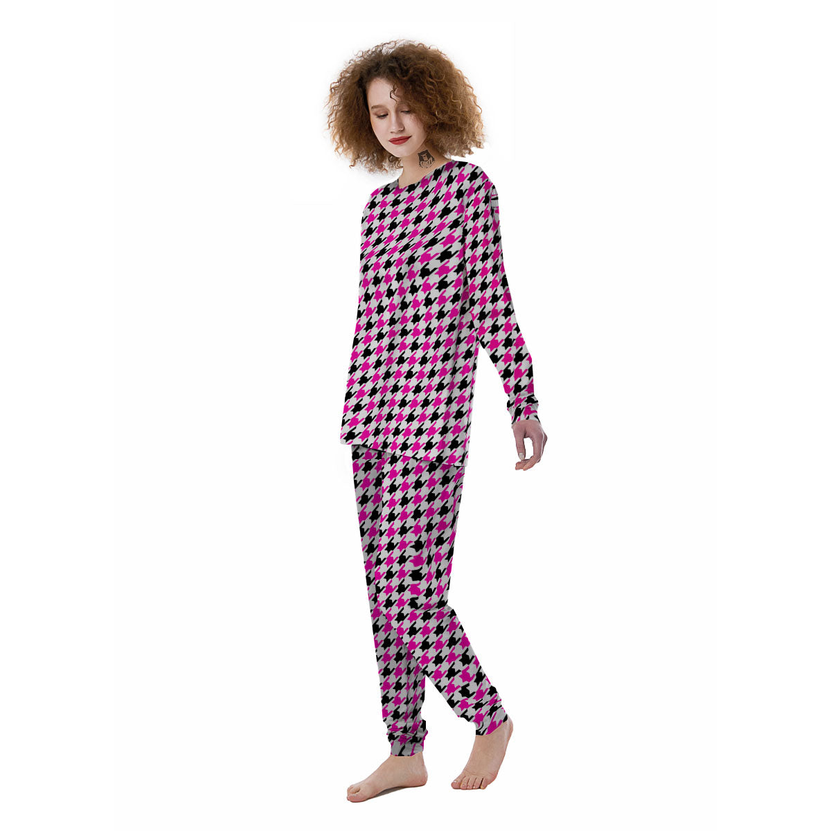 White Pink And Black Houndstooth Print Women's Pajamas-grizzshop