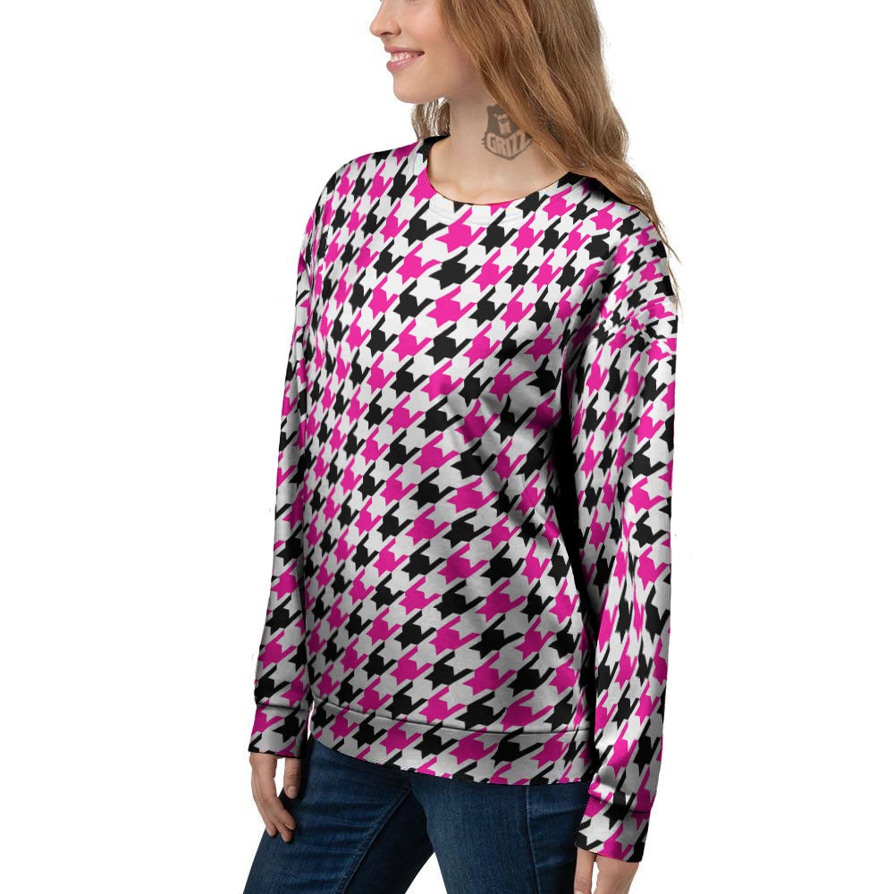 White Pink And Black Houndstooth Print Women's Sweatshirt-grizzshop
