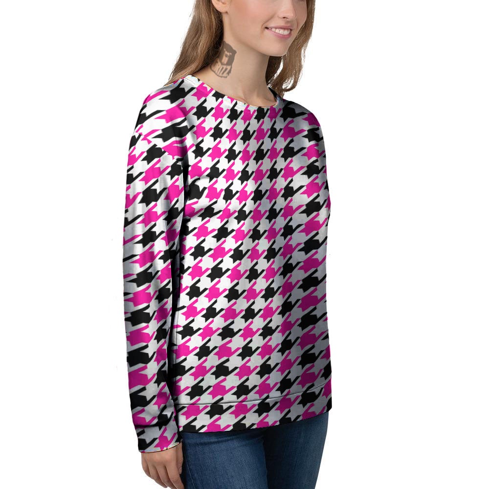 White Pink And Black Houndstooth Print Women's Sweatshirt-grizzshop