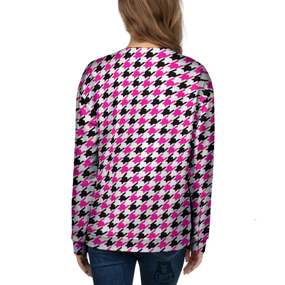 White Pink And Black Houndstooth Print Women's Sweatshirt-grizzshop