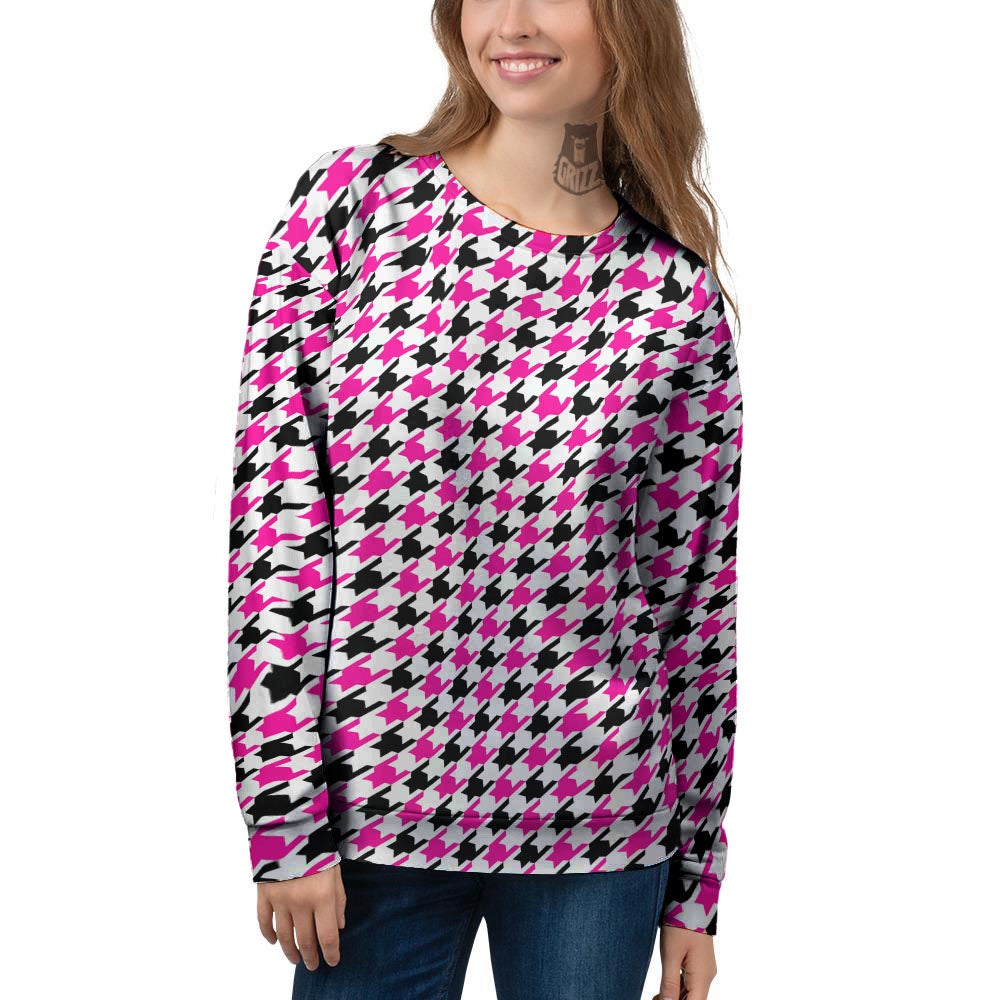 White Pink And Black Houndstooth Print Women's Sweatshirt-grizzshop