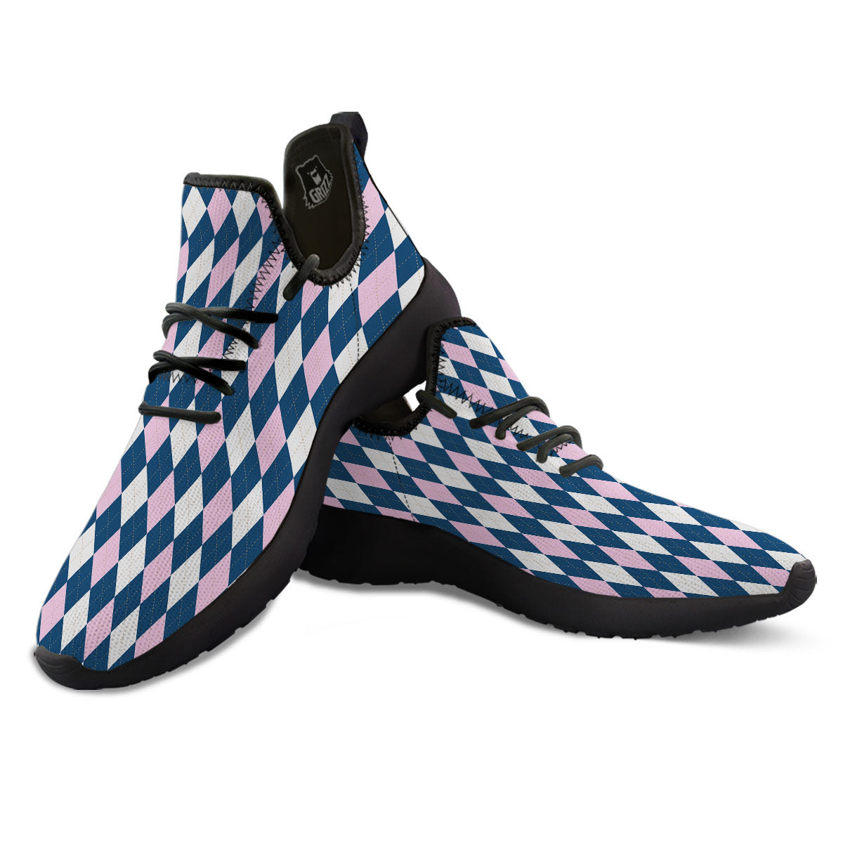 White Pink And Blue Argyle Print Pattern Black Athletic Shoes-grizzshop