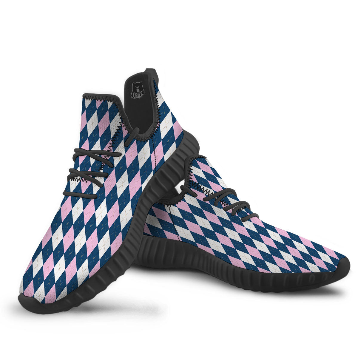 White Pink And Blue Argyle Print Pattern Black Walking Shoes-grizzshop
