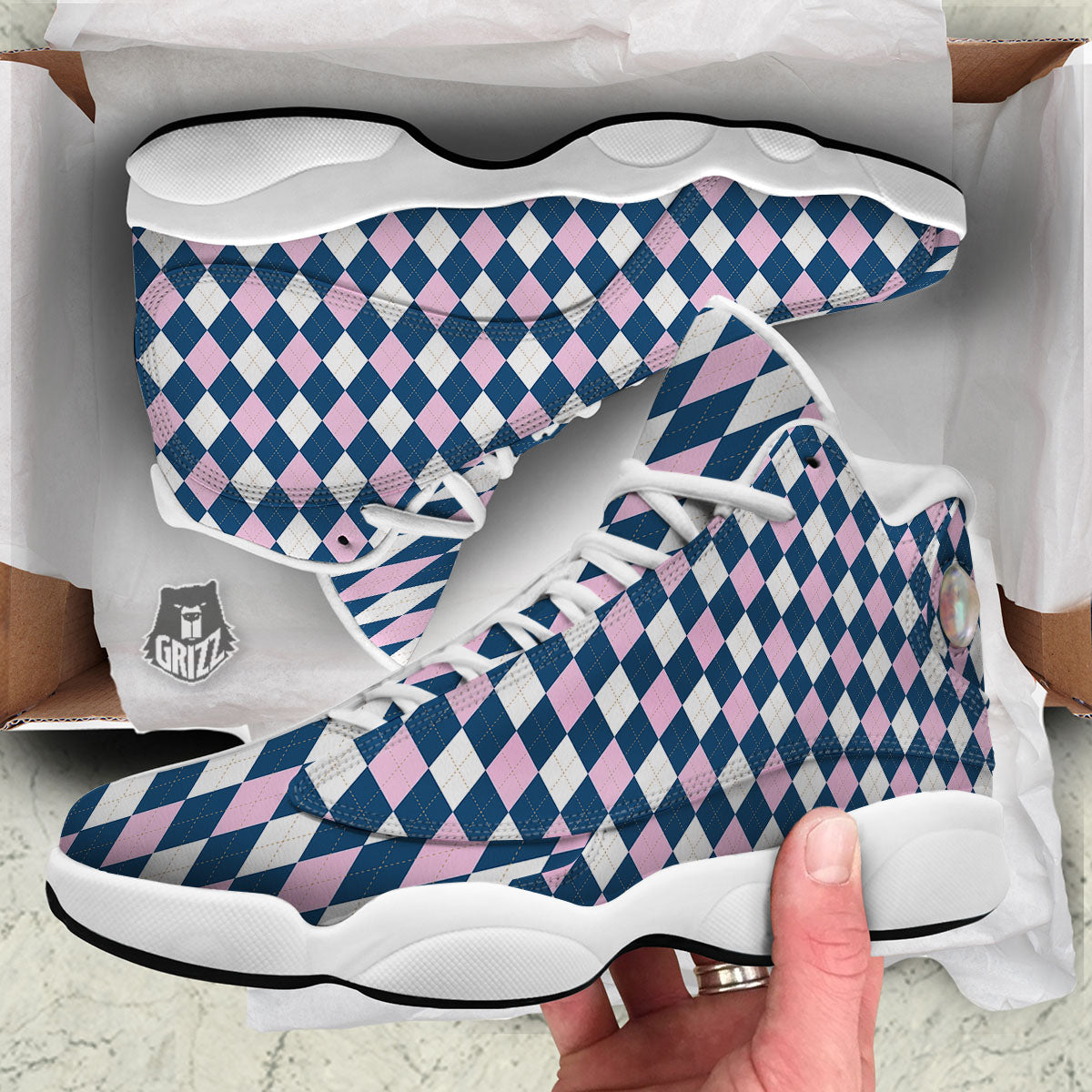 White Pink And Blue Argyle Print Pattern White Basketball Shoes-grizzshop