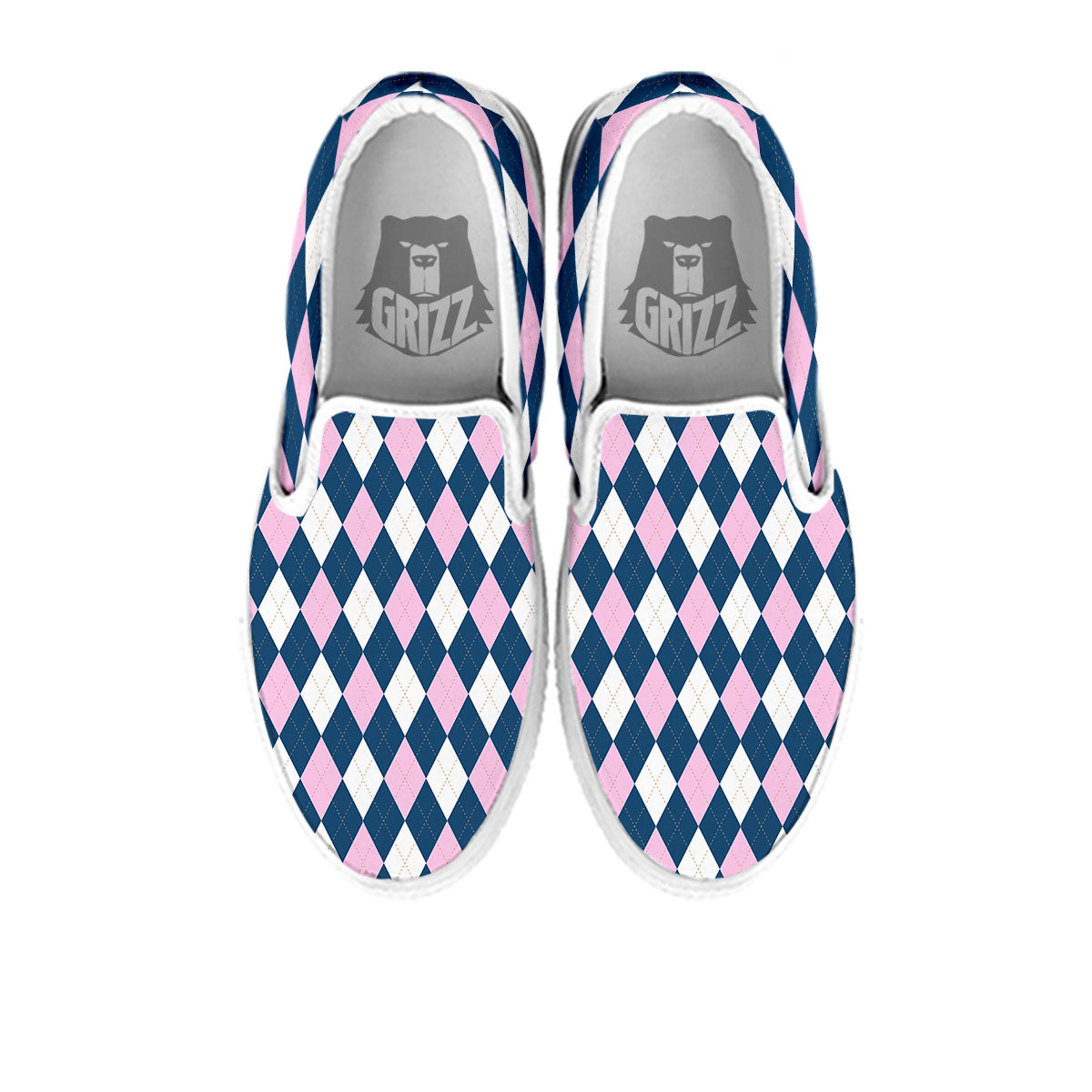 White Pink And Blue Argyle Print Pattern White Slip On Shoes-grizzshop