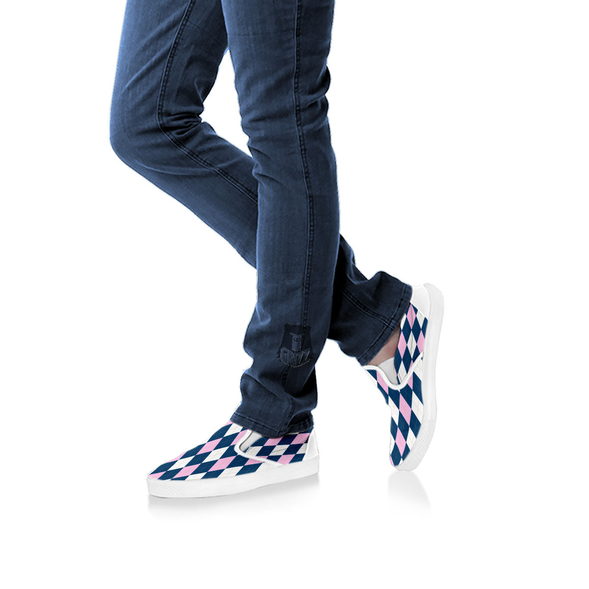 White Pink And Blue Argyle Print Pattern White Slip On Shoes-grizzshop