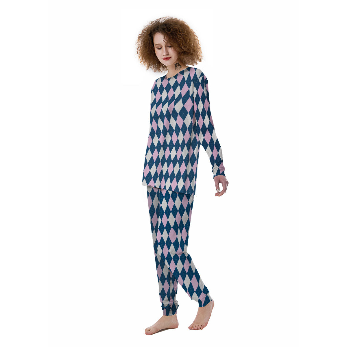 White Pink And Blue Argyle Print Pattern Women's Pajamas-grizzshop
