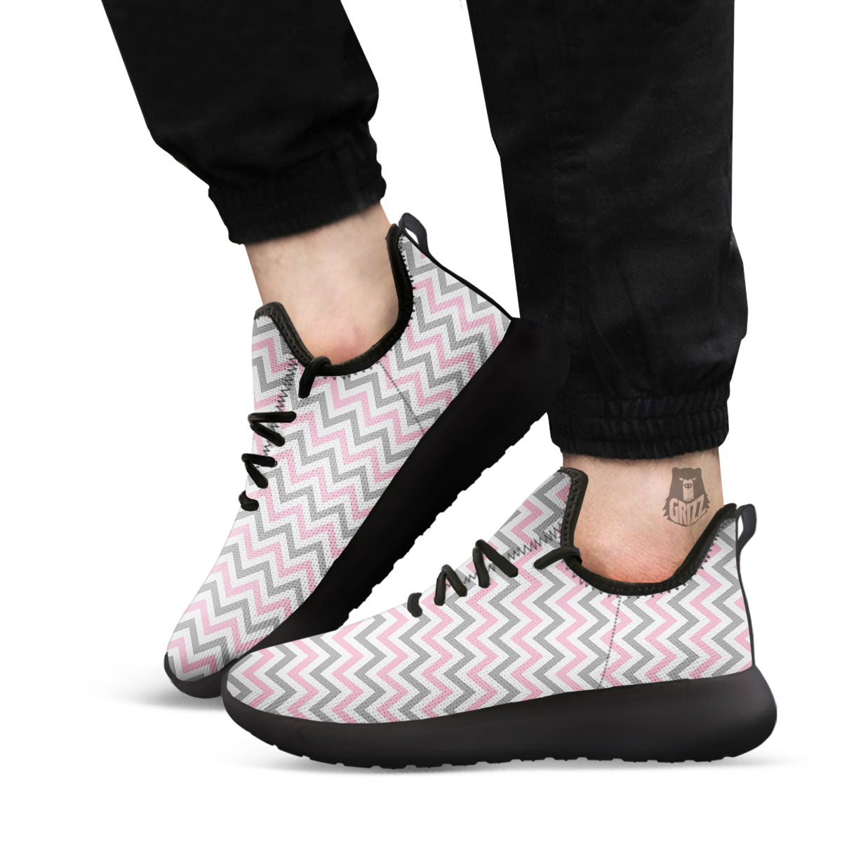White Pink And Grey Chevron Print Black Athletic Shoes-grizzshop