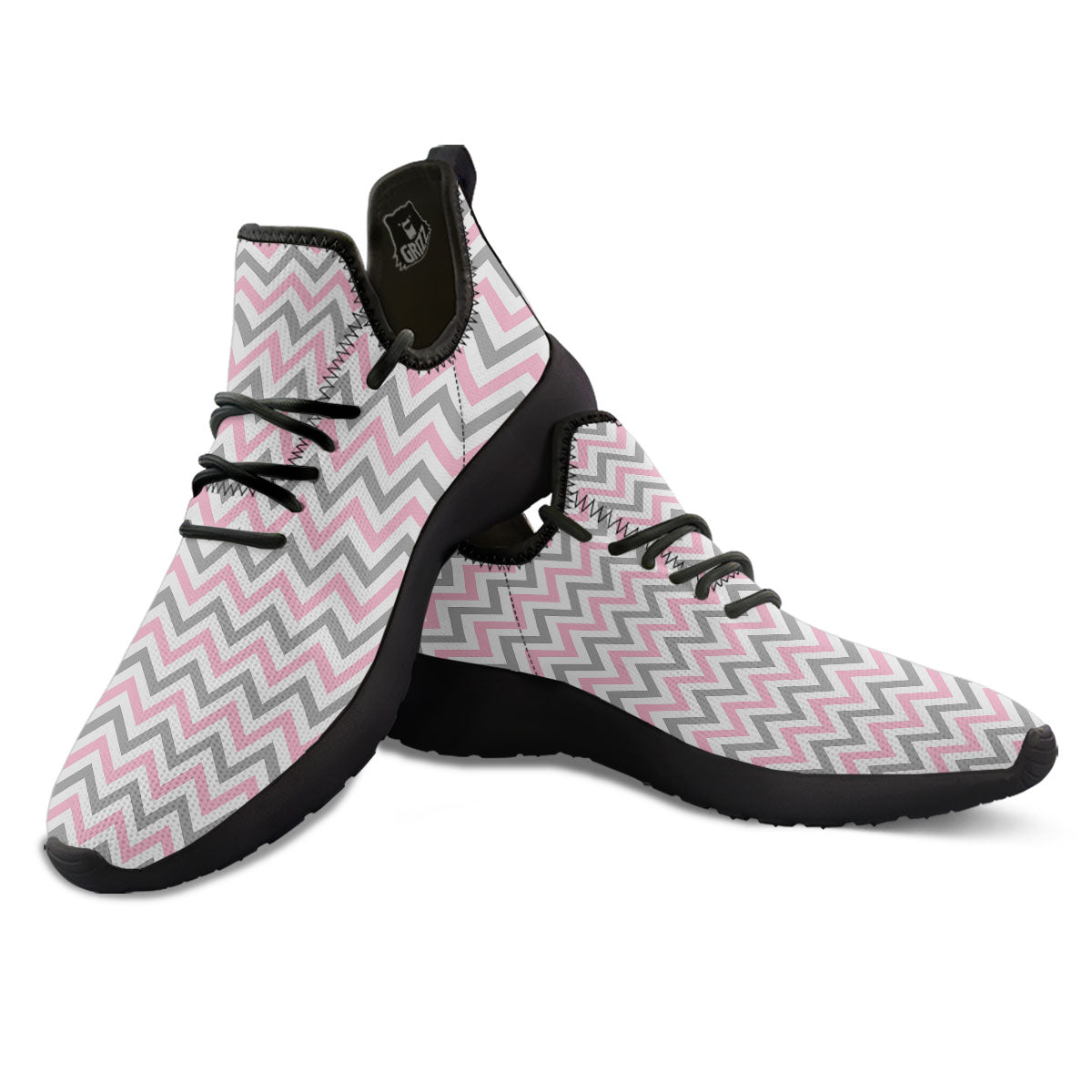 White Pink And Grey Chevron Print Black Athletic Shoes-grizzshop