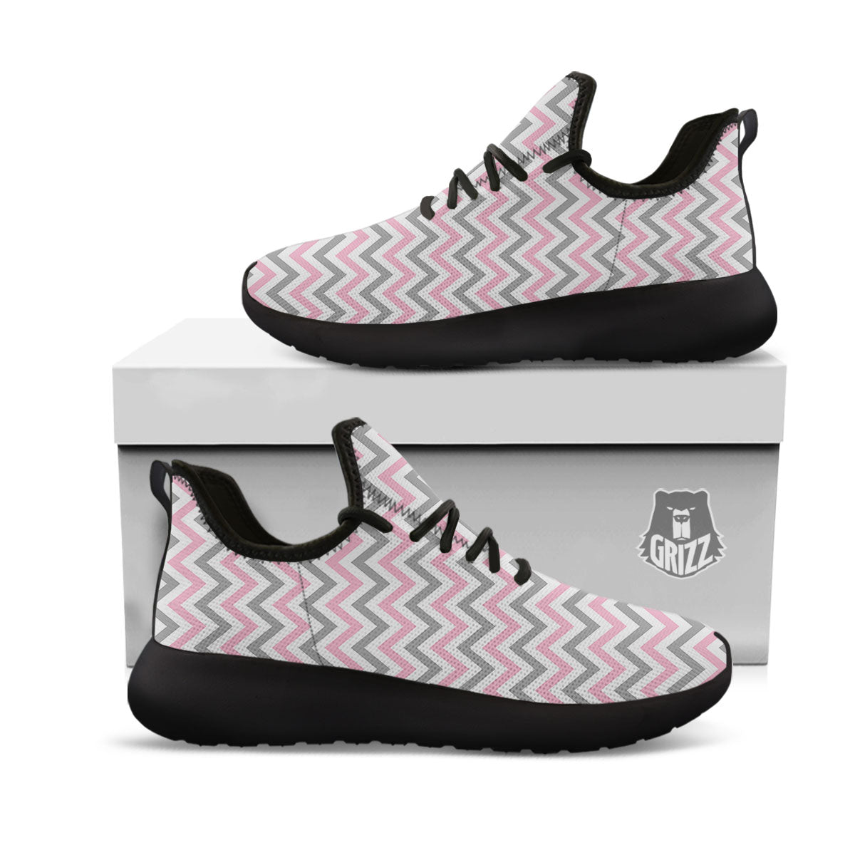 White Pink And Grey Chevron Print Black Athletic Shoes-grizzshop