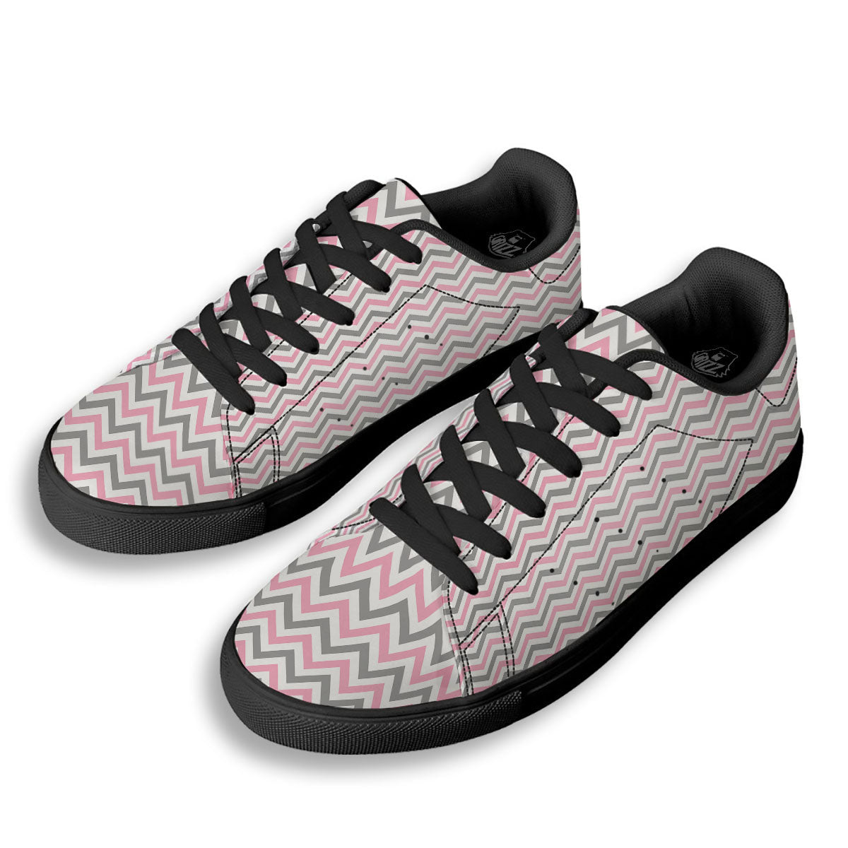 White Pink And Grey Chevron Print Black Low Top Sneakers-grizzshop