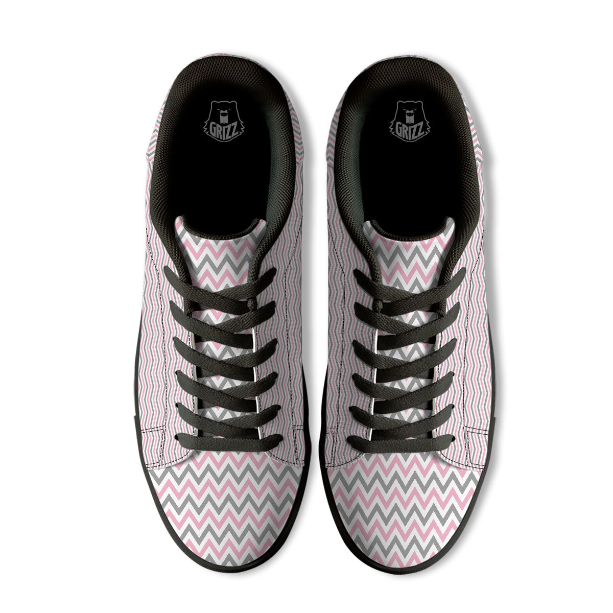 White Pink And Grey Chevron Print Black Low Top Sneakers-grizzshop