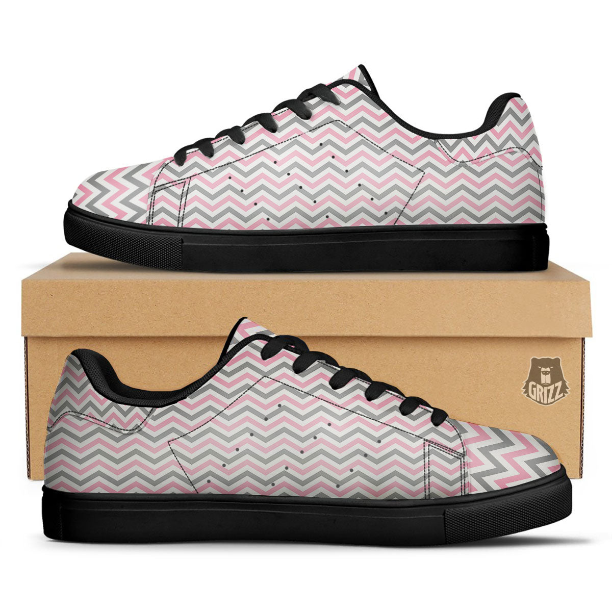 White Pink And Grey Chevron Print Black Low Top Sneakers-grizzshop