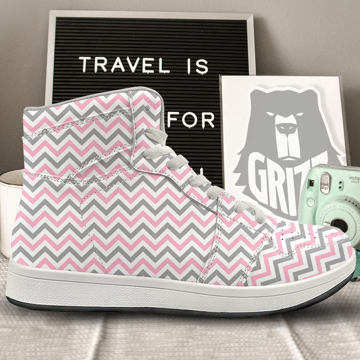 White Pink And Grey Chevron Print High Top Sneakers-grizzshop