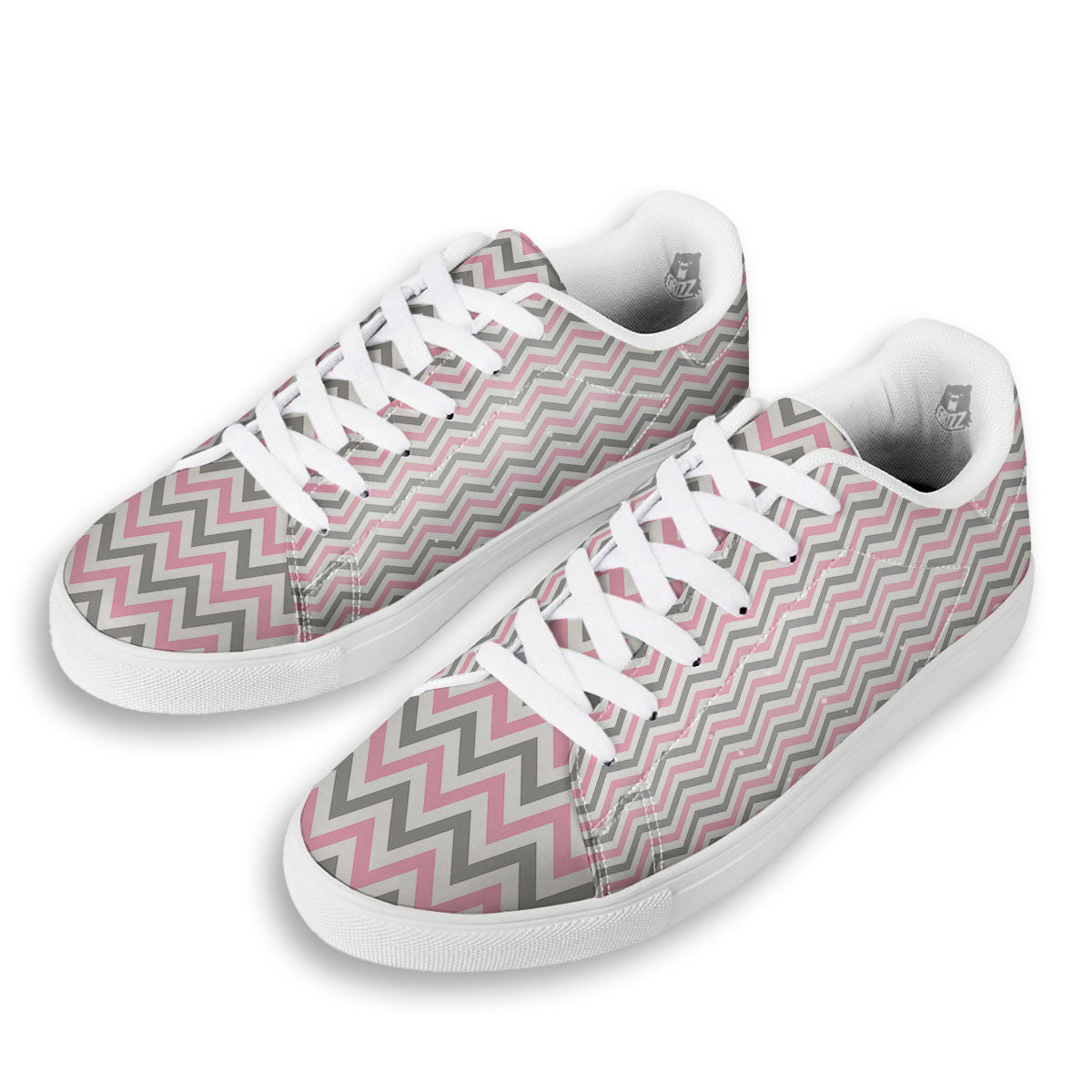 White Pink And Grey Chevron Print White Low Top Sneakers-grizzshop